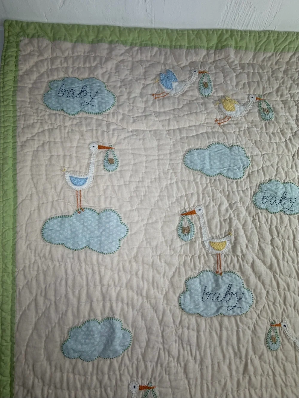36 X 50 Vintage Pottery Barn Baby Quilt Blanket with  Embroidered Design
